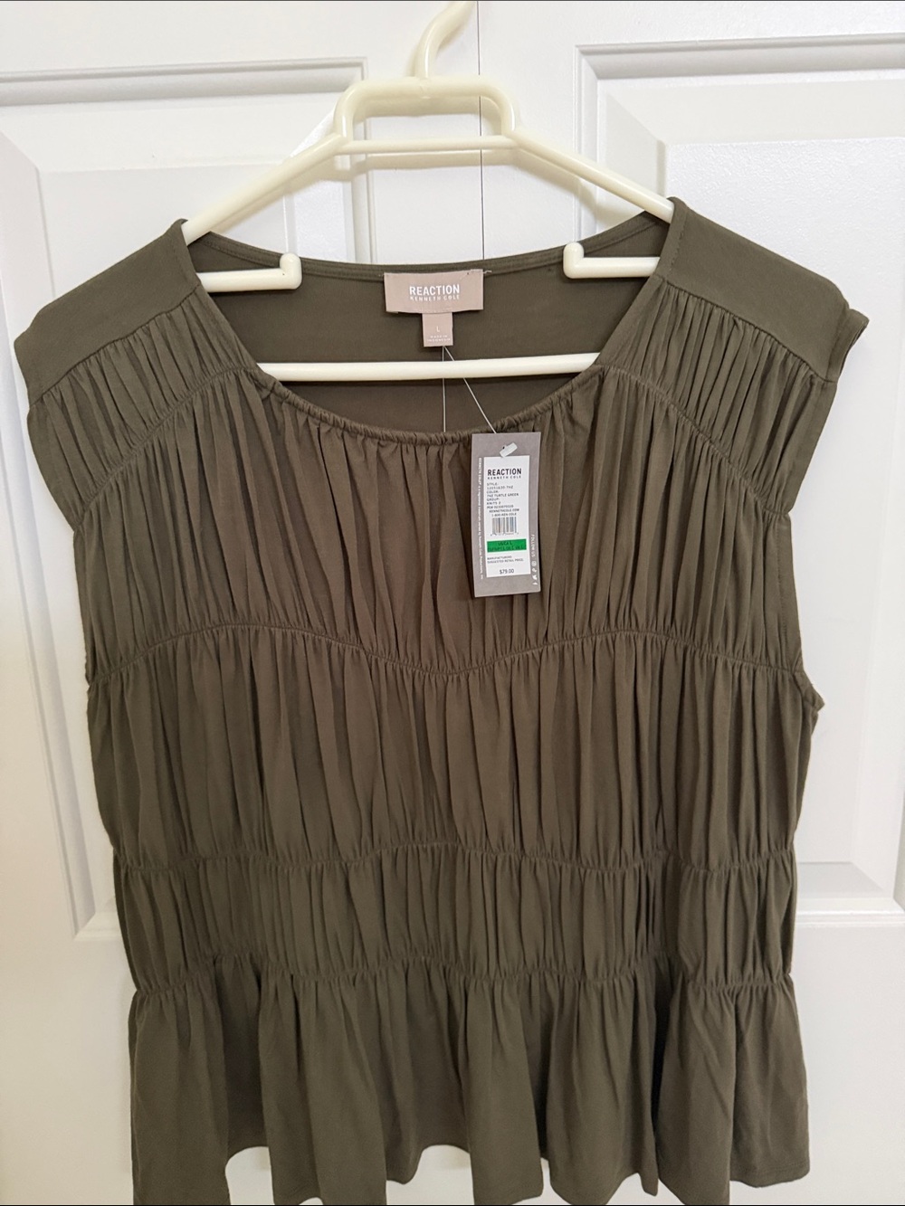 Kenneth Cole Olive Green Pleated Cap-Sleeve Blouse
